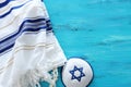 Religion image of Prayer Shawl - Tallit jewish religious symbol. Rosh hashanah jewish New Year holiday, Shabbat and Yom kippur