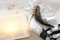 Religion image of Prayer Shawl - Tallit, Prayer book and Shofar horn jewish religious symbols. Rosh hashanah jewish New Year Royalty Free Stock Photo