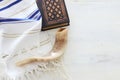 Religion image of Prayer Shawl - Tallit, Prayer book and Shofar horn jewish religious symbols. Rosh hashanah jewish New Year