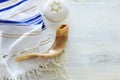 Religion image of Prayer Shawl - Tallit, Prayer book and Shofar horn jewish religious symbols. Rosh hashanah jewish New Year Royalty Free Stock Photo