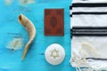 Religion image of Prayer Shawl - Tallit, Prayer book and Shofar horn jewish religious symbols. Rosh hashanah jewish New Year Royalty Free Stock Photo