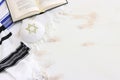 religion image of white prayer talit. Rosh hashanah (jewish New Year holiday), Shabbat and Yom kippur concept