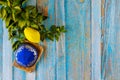 Religion jewish celebration holy holiday Sukkot the Etrog, lulav, hadas arava kippah and shofar tallit