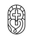 Religion line cross and heart in church. Vector logo icon illustration isolated. Jesus Christ on Calvary is center