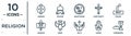 religion linear icon set. includes thin line animism, monotheism, prayer, angel, hamsa, communion, ganesha icons for report,