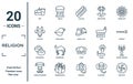 religion linear icon set. includes thin line diet, sac cow, sufganiyah, laver of washing, swastica, israel flag, jewish candles