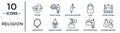 religion linear icon set. includes thin line fasting, muslim man praying, islamic mosque, arabian lantern, fajr dawn prayer,