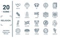 religion linear icon set. includes thin line genie lamp, israel barley, mezuzah, jewish bagels, budding staff, gragger, moses