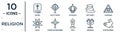 religion linear icon set. includes thin line gospel, ayyavazhi, caodaism, christian reformed church, menorah, easter bunny, bahai