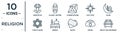 religion linear icon set. includes thin line meditation, hamantaschen, islam, medina, kippah, ark of the convenant, star of david Royalty Free Stock Photo