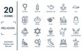 religion linear icon set. includes thin line raya rosary, mushaf, haram, islamic minbar, sufi mystic, eyd gun, muslim praying