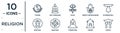 religion linear icon set. includes thin line taoism, shiva, standing bell, swastika, shrine, shinto, spiritual icons for report,
