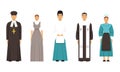 Religion People Characters in Traditional Clothes Collection, Mormon, Shinto Priest, Mennonite or Amich, Catholic Priest