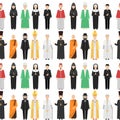 Religion people characters vector group of different nationalities human wearing traditional clothes seamless pattern