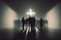 Religion religious people gathering around a large cross and heading towards the light Royalty Free Stock Photo