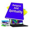 Religion And Spirituality Book Laptop Stack Shows Religious Spiritual Books