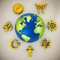 Religion symbols scattered around earth . 3D illustration Royalty Free Stock Photo