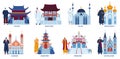 Religion temple church mosque vector illustration flat set, cartoon religious worship places architecture collection Royalty Free Stock Photo