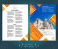 Religion two sided brochure or flyer template design with church building blurred photo ellements. Mock-up cover in yellow vector