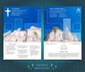 Religion two sided brochure or flyer template design with church building blurred photo and cross ellements. Mock-up cover in blue