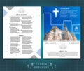 Religion two sided brochure or flyer template design with church building blurred photo ellements. Mock-up cover in blue vector