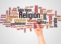 Religion word cloud and hand with marker concept Royalty Free Stock Photo