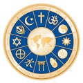 Religions of the World Gold Mandala Wheel, Earth Map Royalty Free Stock Photo