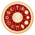Religions of the World Gold Mandala Wheel, International Peace Symbol, Crimson Background