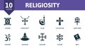 Religiosity icon set. Contains editable icons religion theme such as judaism, islam, gnosticism and more. Royalty Free Stock Photo