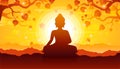 Buddha sitting under bodhi tree on sunset background-Magha Puja, Asanha Puja,Visakha Puja Day, Buddhist holiday concept.