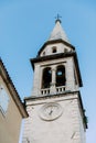 Religious architecture. Bell tower of ancient church. Bell tower of Church in Italy Royalty Free Stock Photo