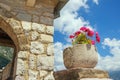 Stone flowerpot with flowers against the blue sky. Ancient Church of Our Lady of the Rocks, Montenegro Royalty Free Stock Photo