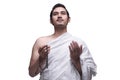 Religious asian muslim man in ihram dress ready for hajj Royalty Free Stock Photo