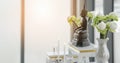 Metal buddha statue on altar shelf at home for buddhist people worship and chanting