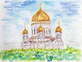 Blue sky religion russian orthodox church watercolor illustration christian temple