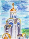 Blue sky religion russian orthodox church watercolor illustration christian temple