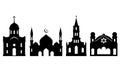 Religious buildings, church, mosque and synagogue, silhouette of cathedral