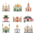 Religious Buildings Collection, Different Churches and Temples Facades, Ancient Architectural Constructions Vector