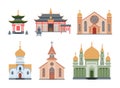 Religious Buildings with Different Churches and Temples Facades Vector Set