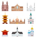 Religious buildings set, Islam, Buddhist, Christian religion temples vector Illustrations on a white background