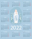 2022 Religious Calendar with the Most Holy Theotokos Queen Heavenly Virgin Mary on a blue background. Vector