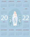 Religious calendar for 2022 with the Virgin Mary. The Most Holy Theotokos the Queen of Heaven with lilies. Vector