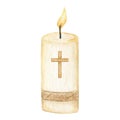 Religious Candle Flame Fire Light, Candle with cross, isolated on white background. Religious catolic christian holidays