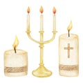 Religious Candle Flame Fire Light, Candle with cross, isolated on white background. Religious catolic christian holidays Royalty Free Stock Photo