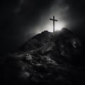 Religious Christian black and white wooden cross on rock hilltop Royalty Free Stock Photo