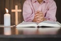 Religious Christian Child  praying over Bible indoors, Religious concepts Royalty Free Stock Photo