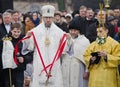 Religious Christian feast of the Epiphany. Priest, the bishop blesses the water and people Royalty Free Stock Photo