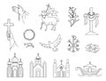 Religious Christian signs and symbols. Set icons crown of thorns, Church, flying pigeon, fish and ship.