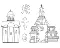 Religious Collection of linear hand drawings of ancient cathedrals and temples, different crosses. Vector illustration