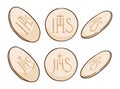 Holy communion bread with IHS and JHS monogram in cartoon style, Vector illustration